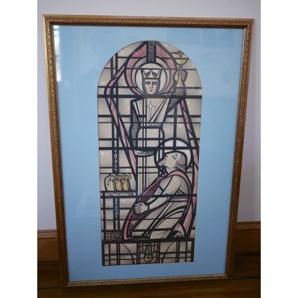 Vtg 30s Stained Glass Art Deco Religious Church Architectural Rendering Painting